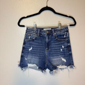 Risen High Rise Distressed Raw Hem Women's Denim Blue Jean Shorts Size Small